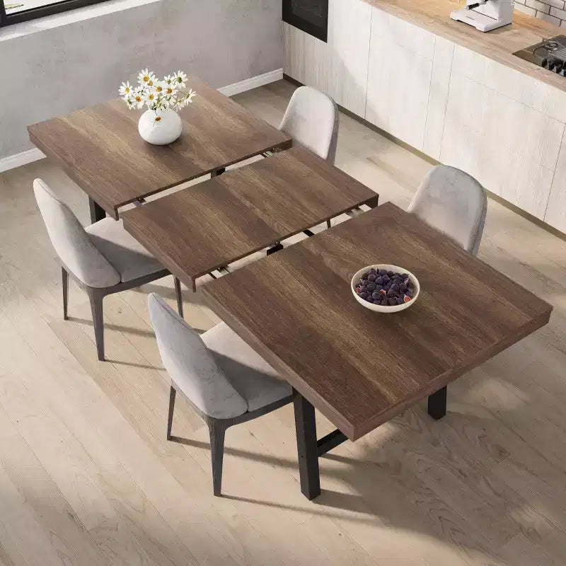 Mesa de comedor extensible de 63-83 pulgadas, mesa rectangular industrial para 6-8 personas, mesa de cocina rústica marrón extensible con estructura metálica resistente
