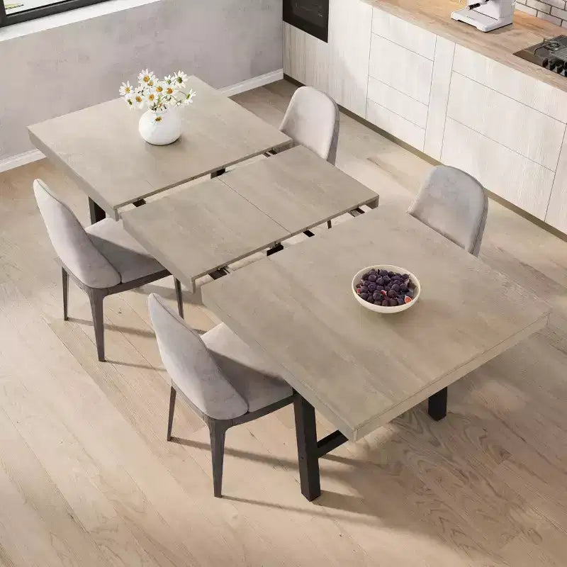 Mesa de comedor extensible de 63-83 pulgadas, mesa rectangular industrial para 6-8 personas, mesa de cocina rústica marrón extensible con estructura metálica resistente