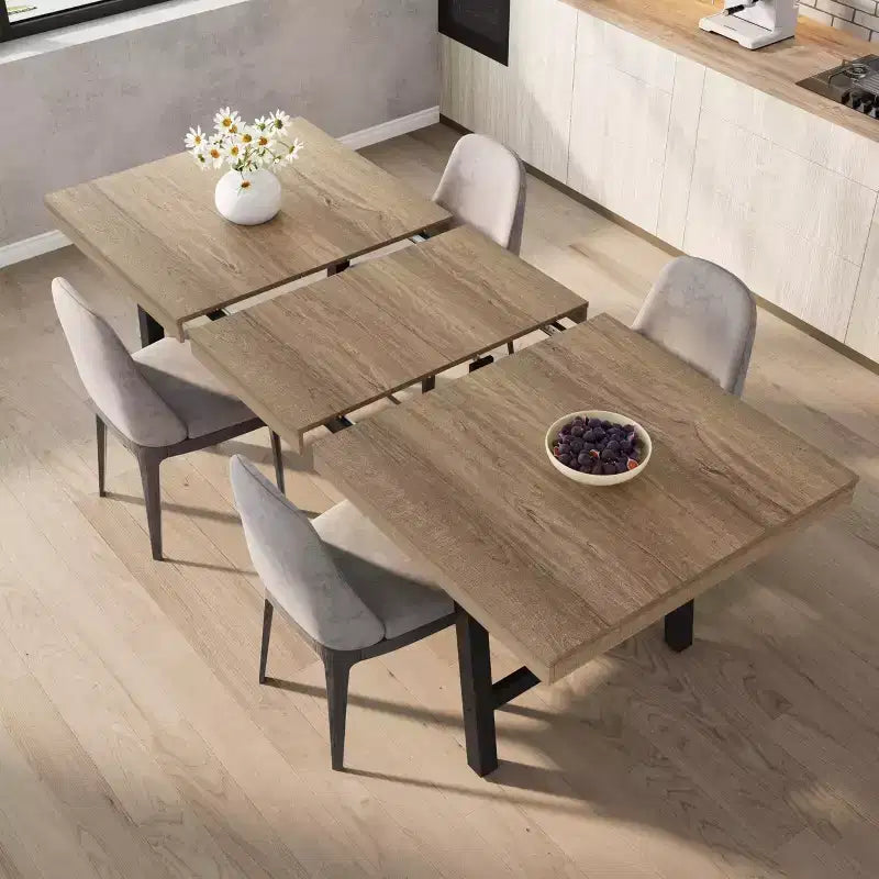 Mesa de comedor extensible de 63-83 pulgadas, mesa rectangular industrial para 6-8 personas, mesa de cocina rústica marrón extensible con estructura metálica resistente