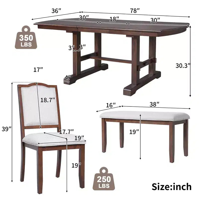 Juego de comedor de 6 piezas, mesa de comedor de madera extensible de 60 a 78 pulgadas con extensión removible