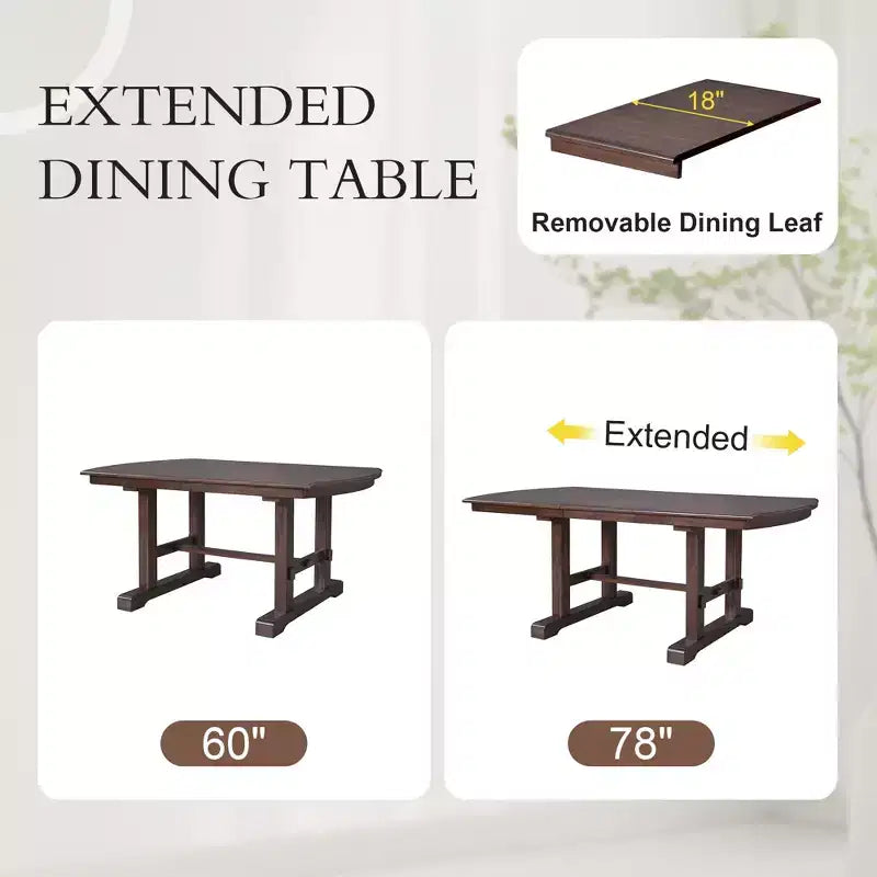 Juego de comedor de 6 piezas, mesa de comedor de madera extensible de 60 a 78 pulgadas con extensión removible