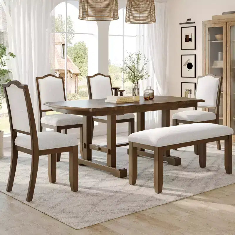 Juego de comedor de 6 piezas, mesa de comedor de madera extensible de 60 a 78 pulgadas con extensión removible
