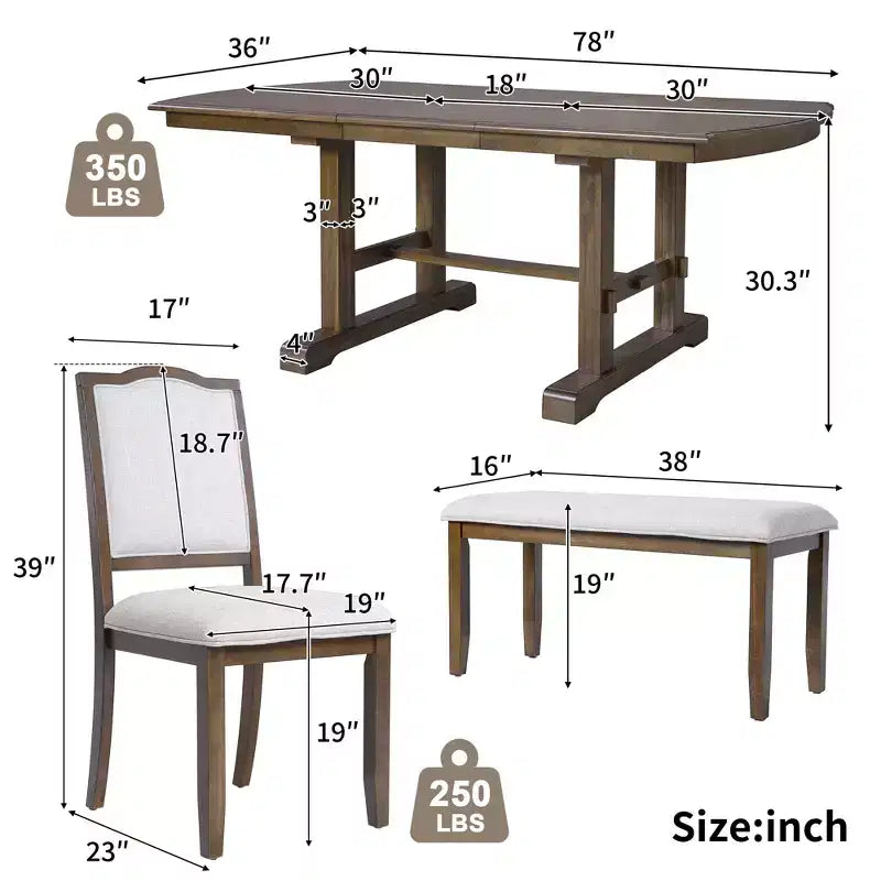 Juego de comedor de 6 piezas, mesa de comedor de madera extensible de 60 a 78 pulgadas con extensión removible