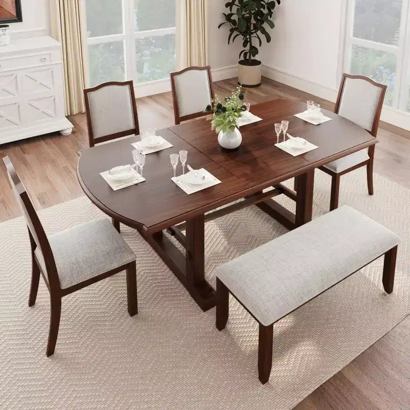 Juego de comedor de 6 piezas, mesa de comedor de madera extensible de 60 a 78 pulgadas con extensión removible