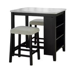 Juego de comedor de 3 piezas de madera, estilo transicional de alto brillo, con estantes de almacenamiento y puertos USB, taburetes tapizados en bouclé