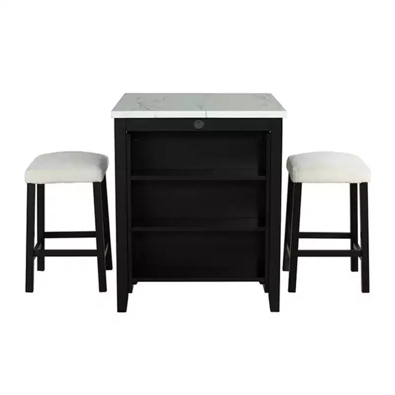 Juego de comedor de 3 piezas de madera, estilo transicional de alto brillo, con estantes de almacenamiento y puertos USB, taburetes tapizados en bouclé
