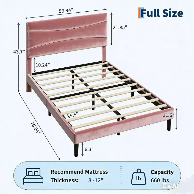 Estructura de Cama Tapizada con Cabecero y Soporte de Lamas de Madera Maciza, No Requiere Somier, Fácil Montaje, Sin Ruido, Terciopelo Rosa