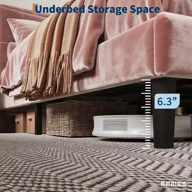 Estructura de Cama Tapizada con Cabecero y Soporte de Lamas de Madera Maciza, No Requiere Somier, Fácil Montaje, Sin Ruido, Terciopelo Rosa