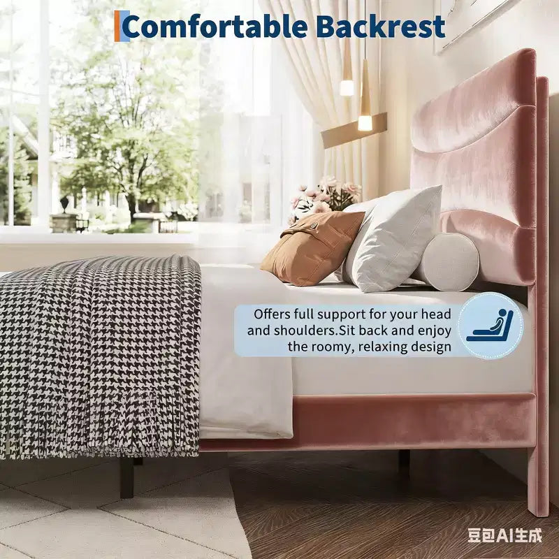 Estructura de Cama Tapizada con Cabecero y Soporte de Lamas de Madera Maciza, No Requiere Somier, Fácil Montaje, Sin Ruido, Terciopelo Rosa