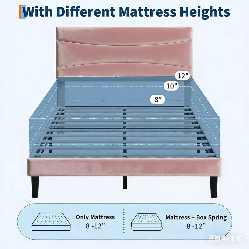 Estructura de Cama Tapizada con Cabecero y Soporte de Lamas de Madera Maciza, No Requiere Somier, Fácil Montaje, Sin Ruido, Terciopelo Rosa