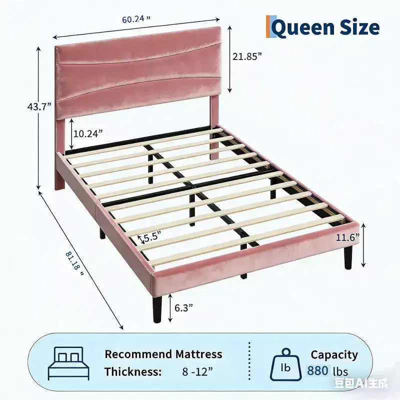 Estructura de Cama Tapizada con Cabecero y Soporte de Lamas de Madera Maciza, No Requiere Somier, Fácil Montaje, Sin Ruido, Terciopelo Rosa