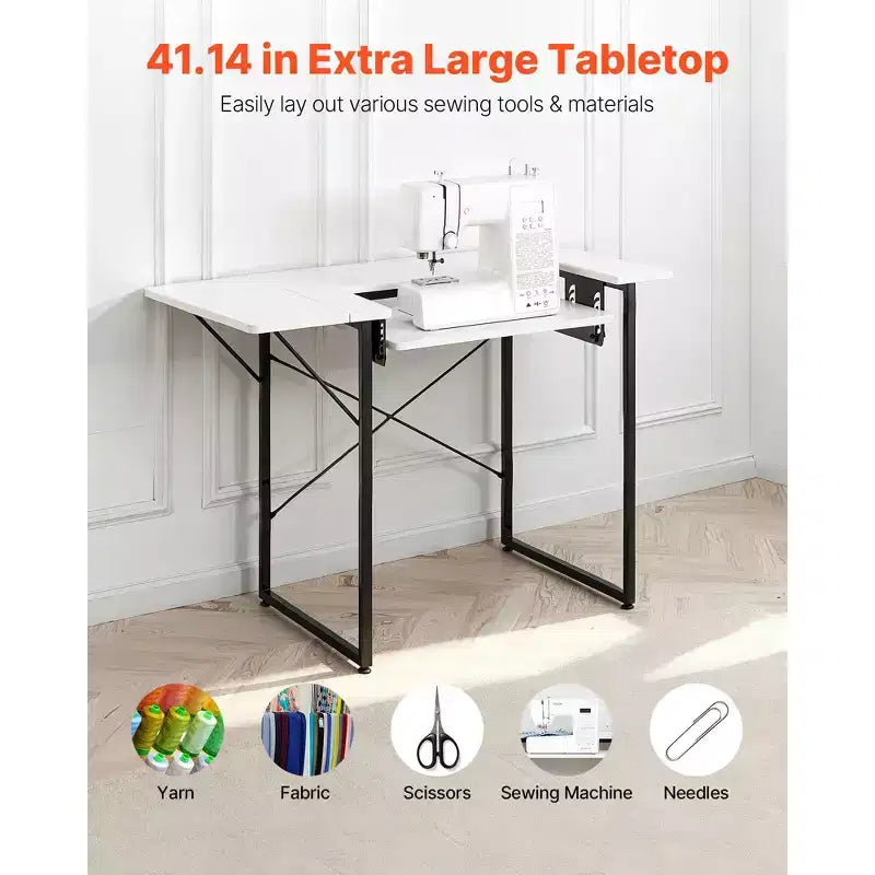 Mesa de costura VEVOR, mesa de máquina de coser multiusos con estante lateral plegable, estante ajustable, patas de acero, blanca
