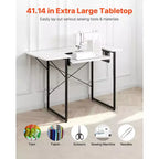 Mesa de costura VEVOR, mesa de máquina de coser multiusos con estante lateral plegable, estante ajustable, patas de acero, blanca