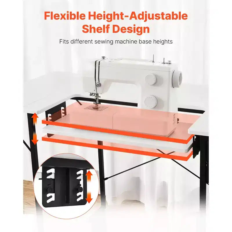 Mesa de costura VEVOR, mesa de máquina de coser multiusos con estante lateral plegable, estante ajustable, patas de acero, blanca