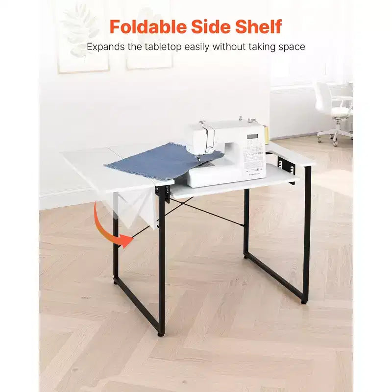 Mesa de costura VEVOR, mesa de máquina de coser multiusos con estante lateral plegable, estante ajustable, patas de acero, blanca