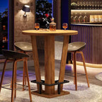 Mesa de bar redonda, mesa alta de cóctel y bistró de 100 cm de altura con reposapiés de metal para sala de estar y espacios pequeños, marrón