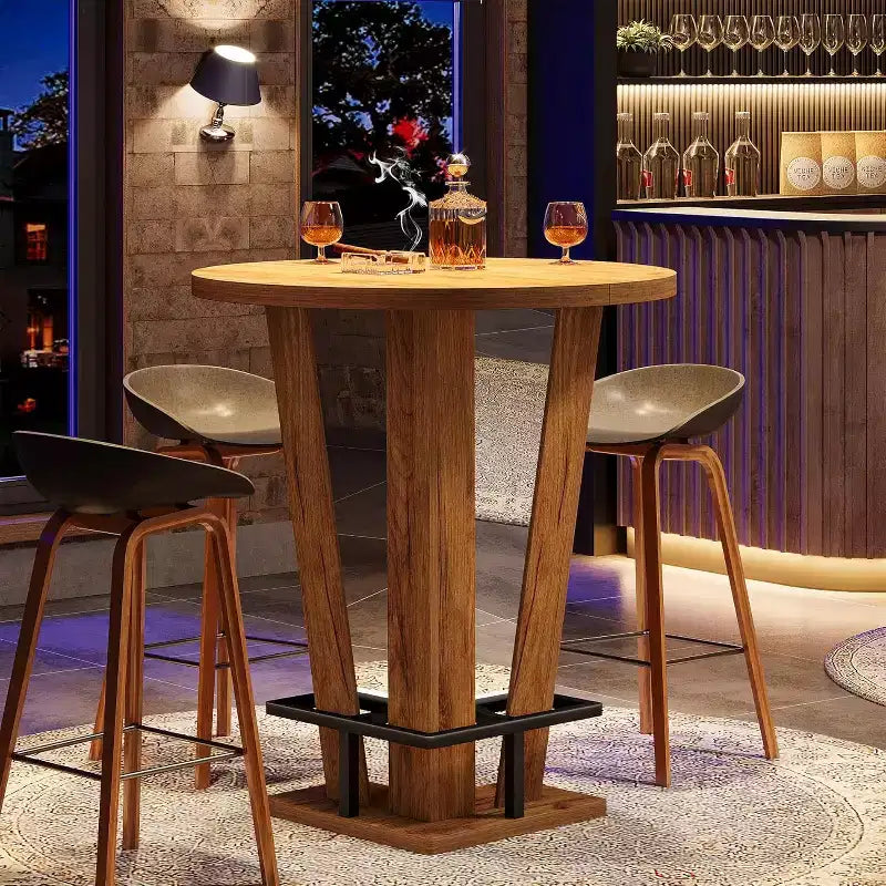 Mesa de bar redonda, mesa alta de cóctel y bistró de 100 cm de altura con reposapiés de metal para sala de estar y espacios pequeños, marrón