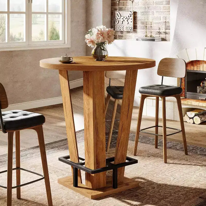 Mesa de bar redonda, mesa alta de cóctel y bistró de 100 cm de altura con reposapiés de metal para sala de estar y espacios pequeños, marrón