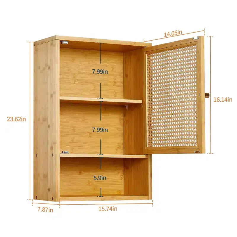 Armario de baño de bambú montado en la pared con puertas de ratán, mueble de almacenamiento sobre el inodoro con estante ajustable, ahorrador de espacio para lavandería