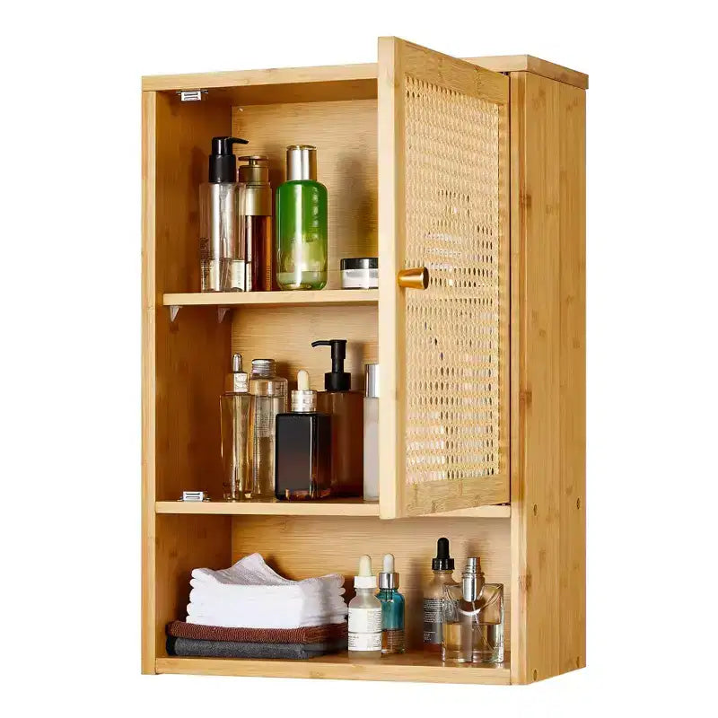 Armario de baño de bambú montado en la pared con puertas de ratán, mueble de almacenamiento sobre el inodoro con estante ajustable, ahorrador de espacio para lavandería