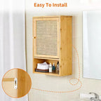 Armario de baño de bambú montado en la pared con puertas de ratán, mueble de almacenamiento sobre el inodoro con estante ajustable, ahorrador de espacio para lavandería