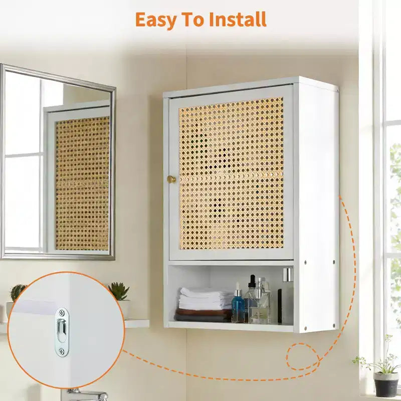 Armario de baño de bambú montado en la pared con puertas de ratán, mueble de almacenamiento sobre el inodoro con estante ajustable, ahorrador de espacio para lavandería