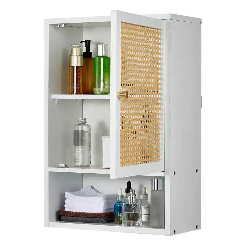 Armario de baño de bambú montado en la pared con puertas de ratán, mueble de almacenamiento sobre el inodoro con estante ajustable, ahorrador de espacio para lavandería