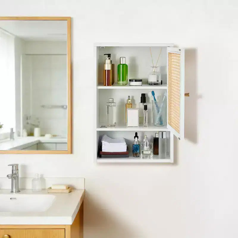 Armario de baño de bambú montado en la pared con puertas de ratán, mueble de almacenamiento sobre el inodoro con estante ajustable, ahorrador de espacio para lavandería