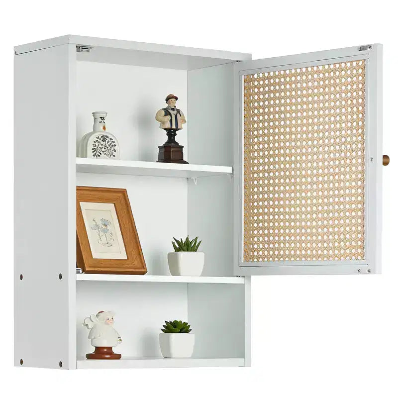 Armario de baño de bambú montado en la pared con puertas de ratán, mueble de almacenamiento sobre el inodoro con estante ajustable, ahorrador de espacio para lavandería