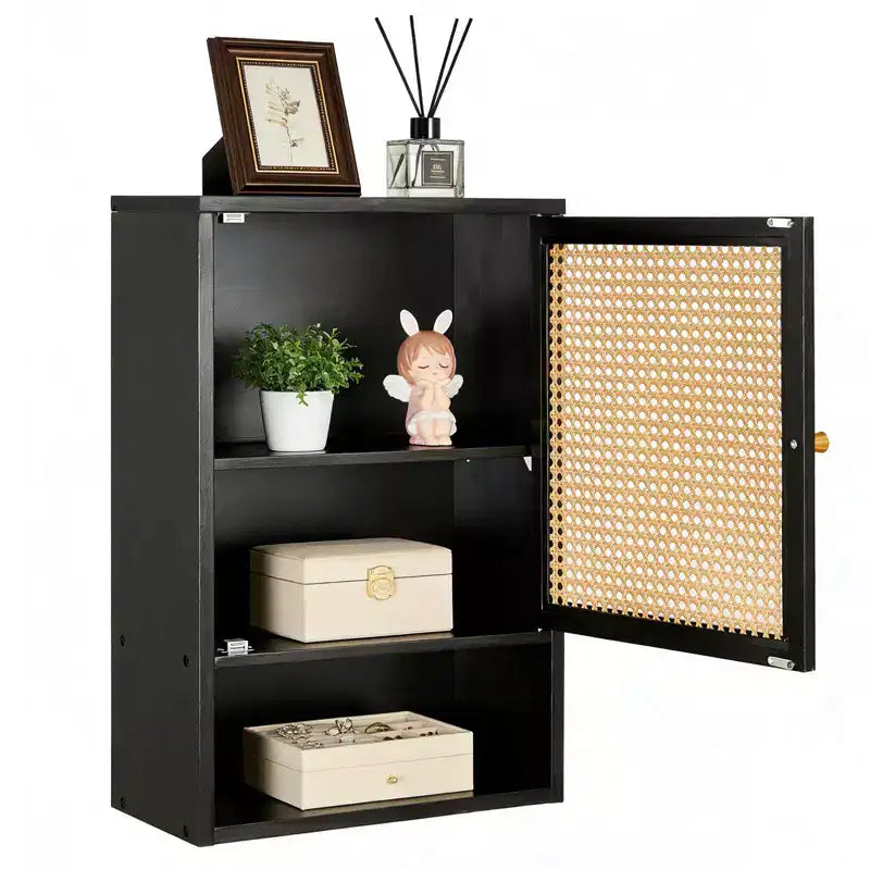 Armario de baño de bambú montado en la pared con puertas de ratán, mueble de almacenamiento sobre el inodoro con estante ajustable, ahorrador de espacio para lavandería