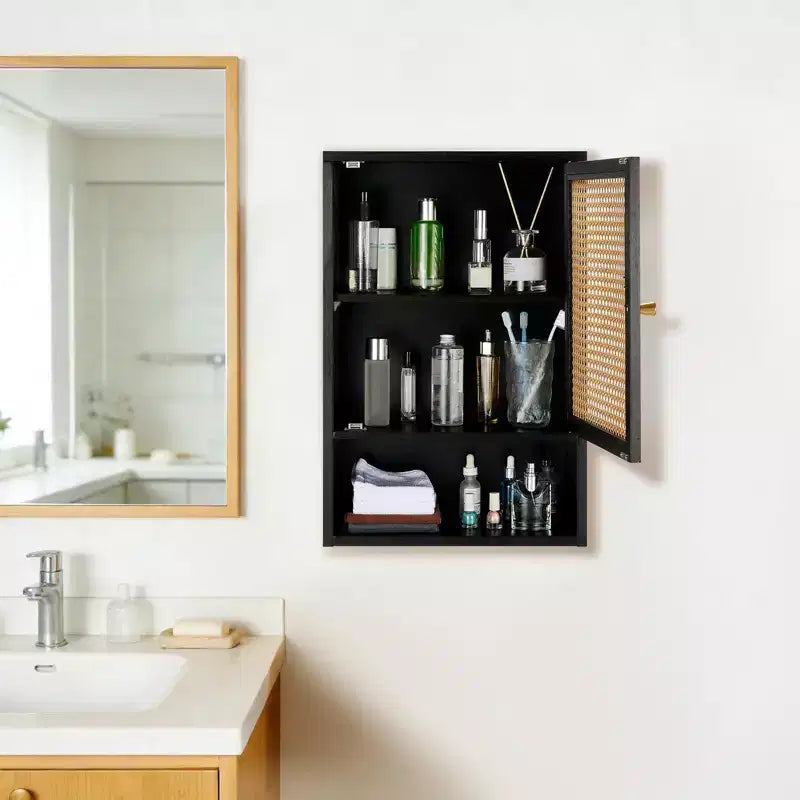 Armario de baño de bambú montado en la pared con puertas de ratán, mueble de almacenamiento sobre el inodoro con estante ajustable, ahorrador de espacio para lavandería