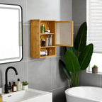 Armario de baño de bambú montado en la pared con puertas de ratán, mueble de almacenamiento sobre el inodoro con estante ajustable, ahorrador de espacio para lavandería