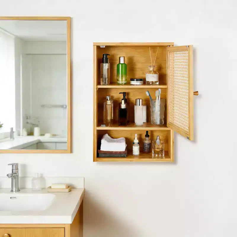 Armario de baño de bambú montado en la pared con puertas de ratán, mueble de almacenamiento sobre el inodoro con estante ajustable, ahorrador de espacio para lavandería
