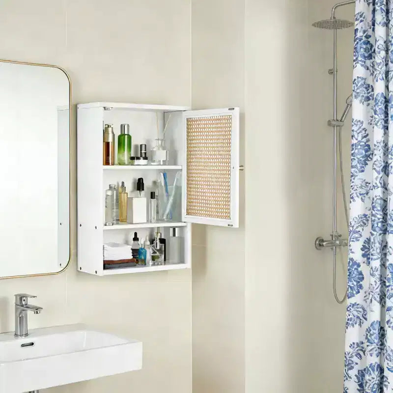 Armario de baño de bambú montado en la pared con puertas de ratán, mueble de almacenamiento sobre el inodoro con estante ajustable, ahorrador de espacio para lavandería