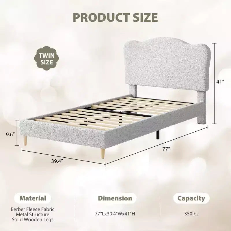 Marco de Cama Plataforma Tapizado para Niños - Cabecero lindo suave o de Bouclé - Soporte resistente de Láminas de Madera - Sin Ruido, No Requiere Somier