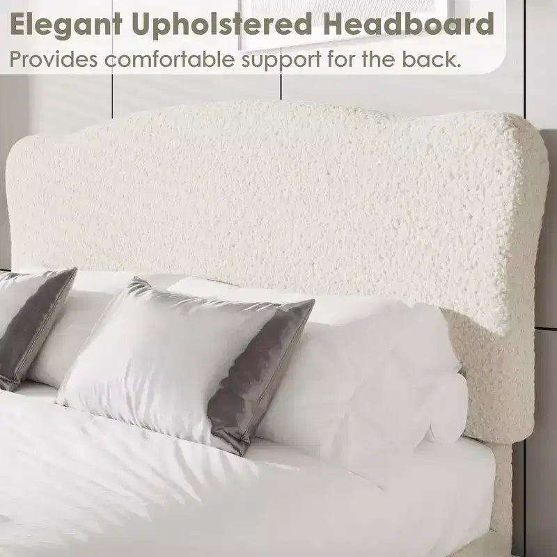 Marco de Cama Plataforma Tapizado para Niños - Cabecero lindo suave o de Bouclé - Soporte resistente de Láminas de Madera - Sin Ruido, No Requiere Somier