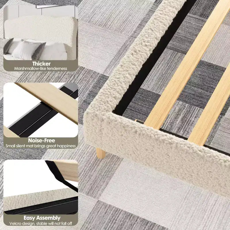 Marco de Cama Plataforma Tapizado para Niños - Cabecero lindo suave o de Bouclé - Soporte resistente de Láminas de Madera - Sin Ruido, No Requiere Somier
