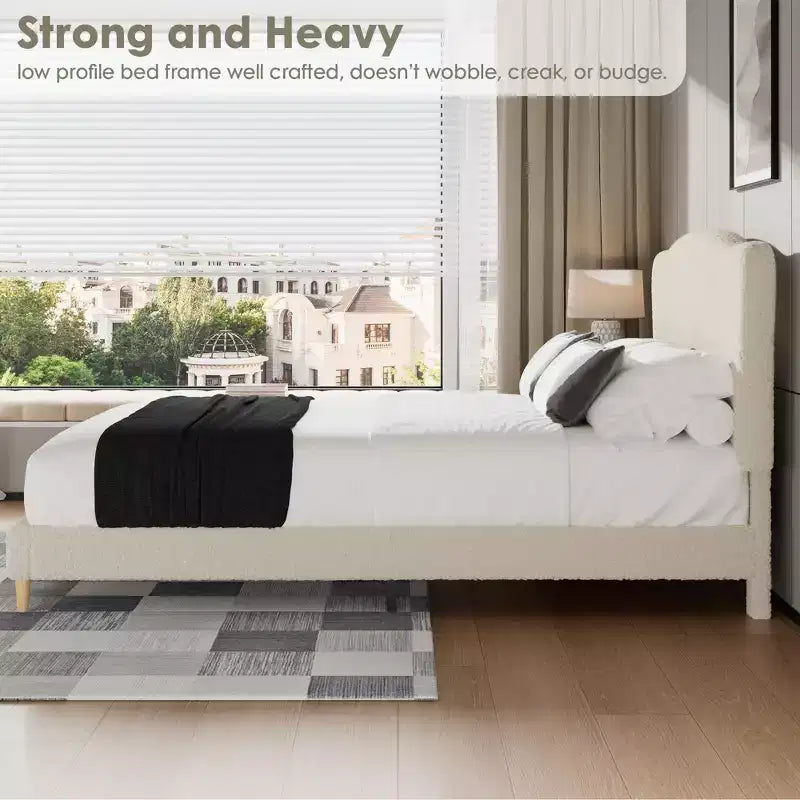 Marco de Cama Plataforma Tapizado para Niños - Cabecero lindo suave o de Bouclé - Soporte resistente de Láminas de Madera - Sin Ruido, No Requiere Somier