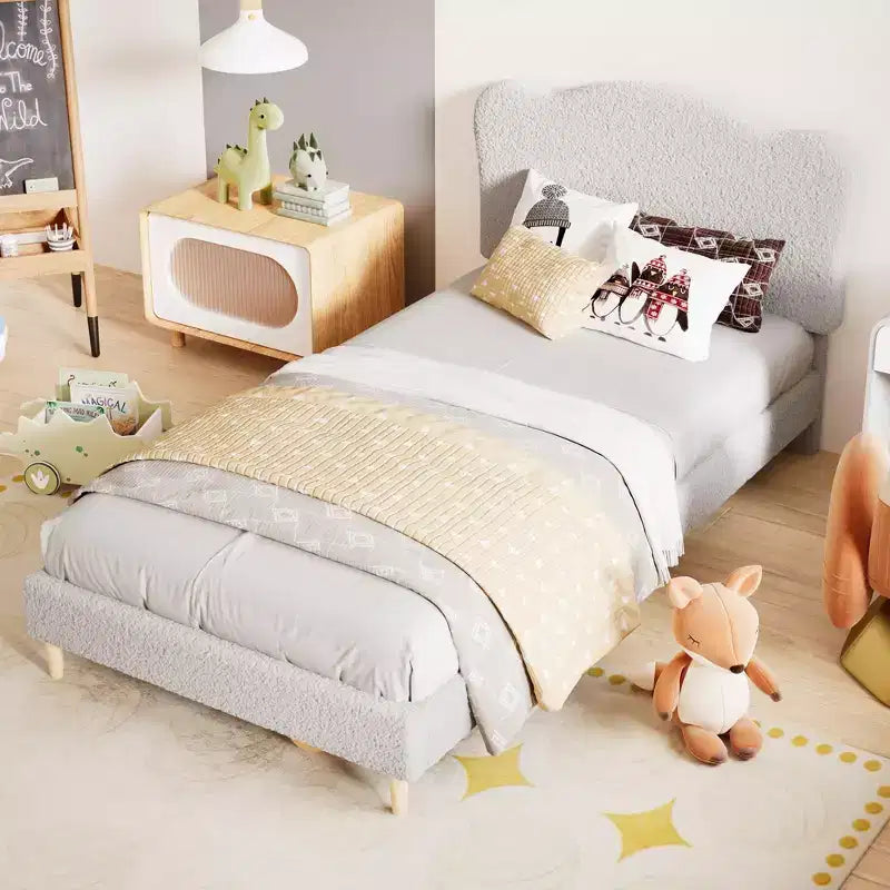 Marco de Cama Plataforma Tapizado para Niños - Cabecero lindo suave o de Bouclé - Soporte resistente de Láminas de Madera - Sin Ruido, No Requiere Somier