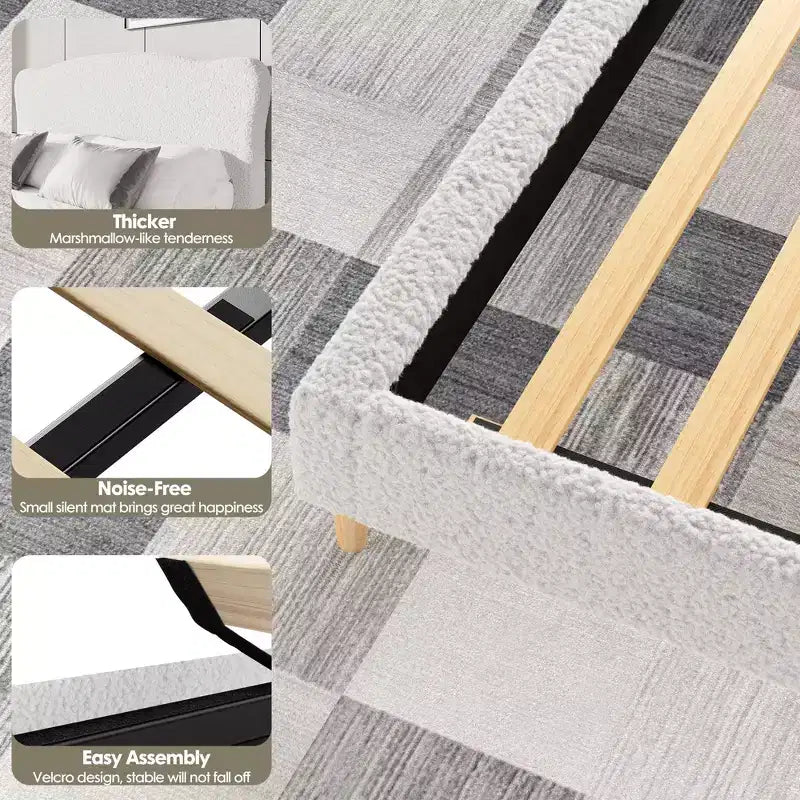 Marco de Cama Plataforma Tapizado para Niños - Cabecero lindo suave o de Bouclé - Soporte resistente de Láminas de Madera - Sin Ruido, No Requiere Somier