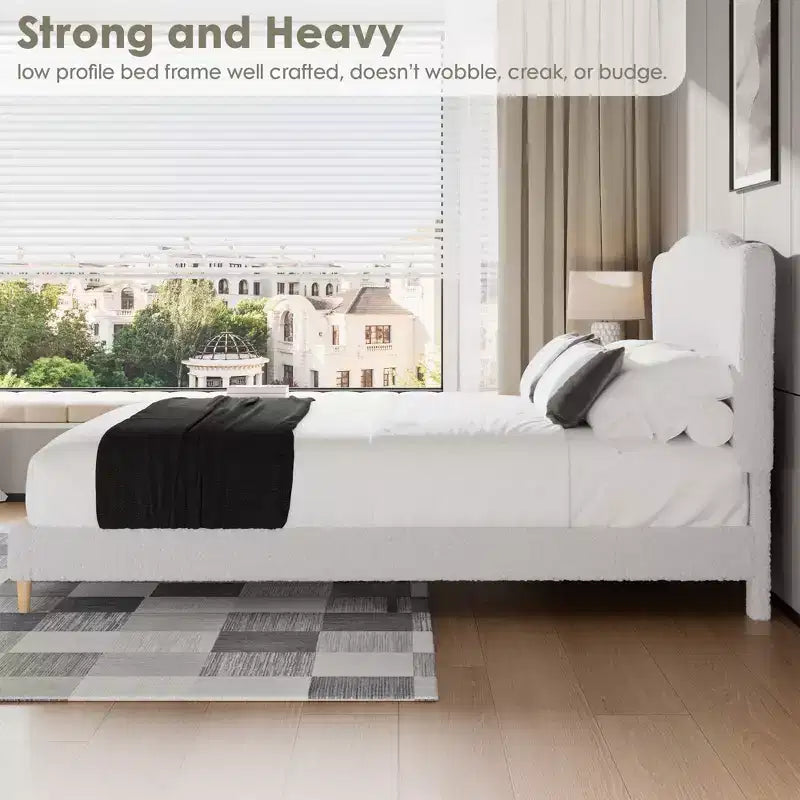 Marco de Cama Plataforma Tapizado para Niños - Cabecero lindo suave o de Bouclé - Soporte resistente de Láminas de Madera - Sin Ruido, No Requiere Somier