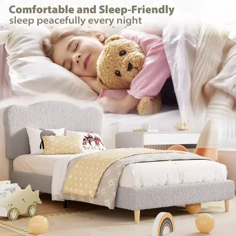 Marco de Cama Plataforma Tapizado para Niños - Cabecero lindo suave o de Bouclé - Soporte resistente de Láminas de Madera - Sin Ruido, No Requiere Somier