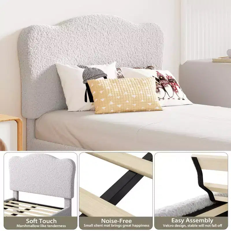 Marco de Cama Plataforma Tapizado para Niños - Cabecero lindo suave o de Bouclé - Soporte resistente de Láminas de Madera - Sin Ruido, No Requiere Somier