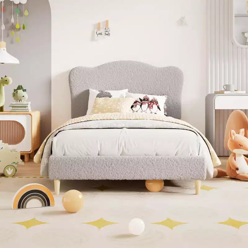 Marco de Cama Plataforma Tapizado para Niños - Cabecero lindo suave o de Bouclé - Soporte resistente de Láminas de Madera - Sin Ruido, No Requiere Somier