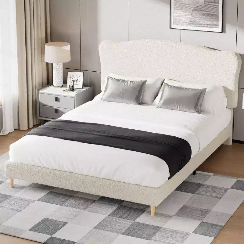 Marco de Cama Plataforma Tapizado para Niños - Cabecero lindo suave o de Bouclé - Soporte resistente de Láminas de Madera - Sin Ruido, No Requiere Somier