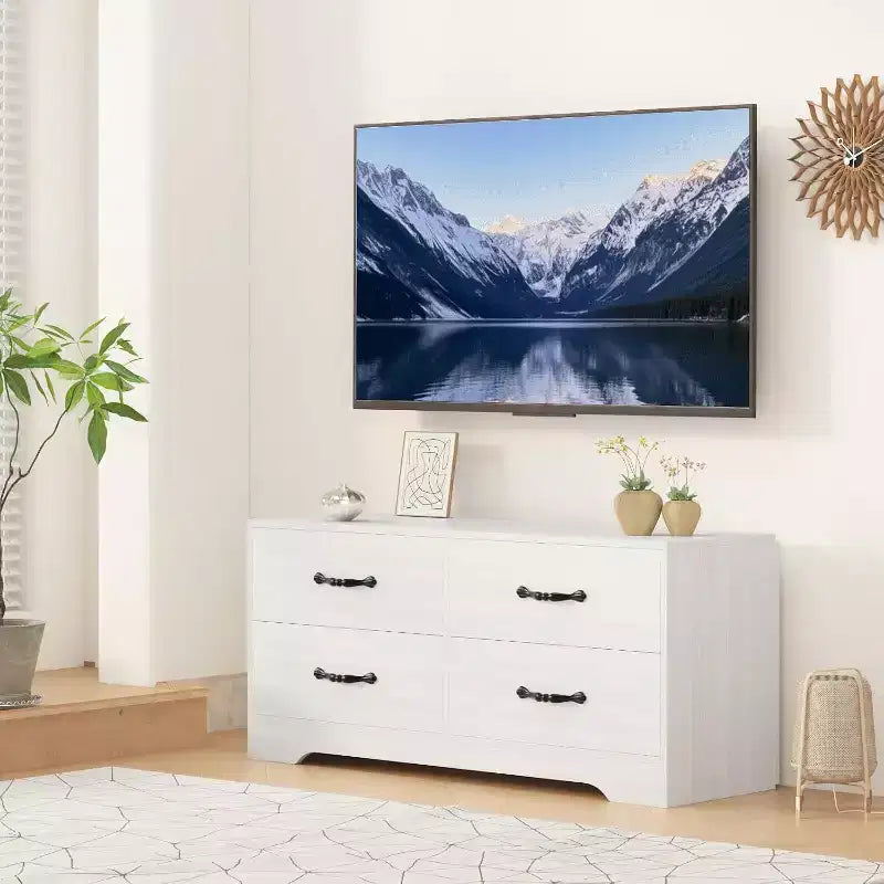 Mueble de TV moderno con soporte para televisores de 32 a 75 pulgadas, mesa consola multimedia con 4 cajones espaciosos, cómoda para centro de entretenimiento para almacenamiento en sala de estar