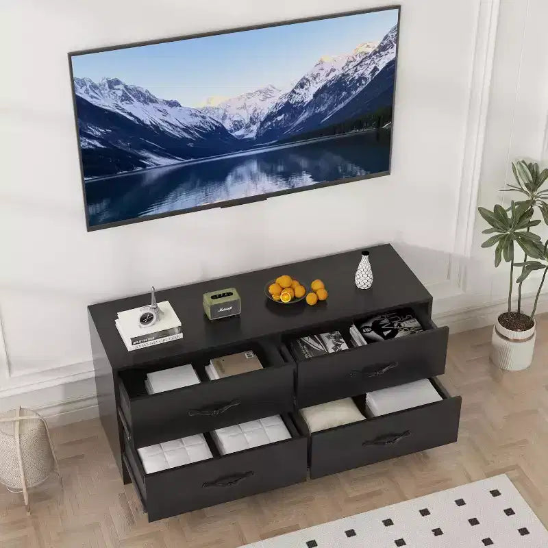 Mueble de TV moderno con soporte para televisores de 32 a 75 pulgadas, mesa consola multimedia con 4 cajones espaciosos, cómoda para centro de entretenimiento para almacenamiento en sala de estar