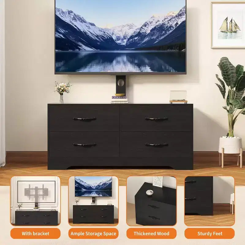 Mueble de TV moderno con soporte para televisores de 32 a 75 pulgadas, mesa consola multimedia con 4 cajones espaciosos, cómoda para centro de entretenimiento para almacenamiento en sala de estar