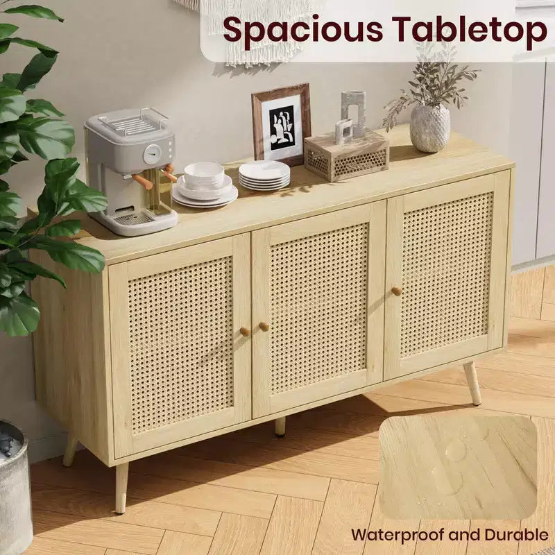 Coolmee 47.2 Gabinete Buffet de Ratán con Almacenamiento, Aparador Moderno con Estantes Ajustables, Credenza de Barra de Café para Cocina, Sala de Estar, Entrada