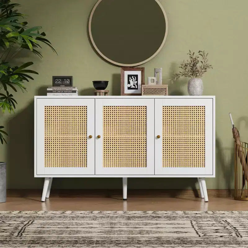 Coolmee 47.2 Gabinete Buffet de Ratán con Almacenamiento, Aparador Moderno con Estantes Ajustables, Credenza de Barra de Café para Cocina, Sala de Estar, Entrada